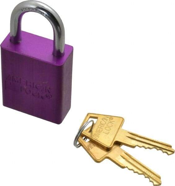 American Lock - Keyed Alike Conductive Lockout Padlock - 1" Shackle Clearance, 1/4" Shackle Diam, 1.8" Body Height x 1-1/2" Body Width, Purple, 5 Pins - Benchmark Tooling