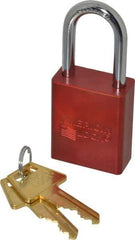 American Lock - Keyed Alike Retaining Key Conductive Lockout Padlock - 1-1/2" Shackle Clearance, 1/4" Shackle Diam, 1.8" Body Height x 1-1/2" Body Width, Red, 5 Pins - Benchmark Tooling