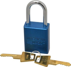 American Lock - Keyed Different Conductive Lockout Padlock - 1-1/2" Shackle Clearance, 1/4" Shackle Diam, 1.8" Body Height x 1-1/2" Body Width, Blue, 5 Pins - Benchmark Tooling