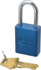 American Lock - Keyed Alike Conductive Lockout Padlock - 1-1/2" Shackle Clearance, 1/4" Shackle Diam, 1.8" Body Height x 1-1/2" Body Width, Blue, 5 Pins - Benchmark Tooling