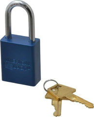 American Lock - Keyed Alike Conductive Lockout Padlock - 1-1/2" Shackle Clearance, 1/4" Shackle Diam, 1.8" Body Height x 1-1/2" Body Width, Blue, 5 Pins - Benchmark Tooling