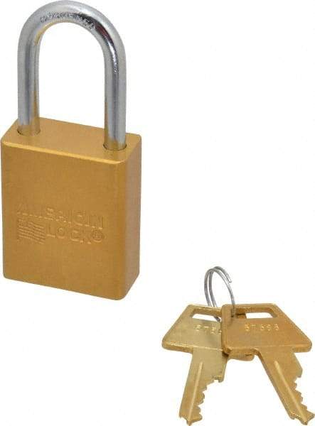 American Lock - Keyed Different Conductive Lockout Padlock - 1-1/2" Shackle Clearance, 1/4" Shackle Diam, 1.8" Body Height x 1-1/2" Body Width, Yellow, 5 Pins - Benchmark Tooling