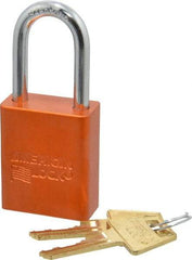 American Lock - Keyed Different Conductive Lockout Padlock - 1-1/2" Shackle Clearance, 1/4" Shackle Diam, 1.8" Body Height x 1-1/2" Body Width, Orange, 5 Pins - Benchmark Tooling