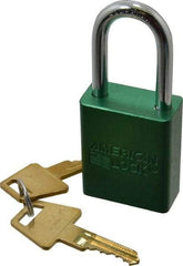American Lock - Keyed Different Conductive Lockout Padlock - 1-1/2" Shackle Clearance, 1/4" Shackle Diam, 1.8" Body Height x 1-1/2" Body Width, Green, 5 Pins - Benchmark Tooling
