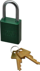American Lock - Keyed Alike Conductive Lockout Padlock - 1-1/2" Shackle Clearance, 1/4" Shackle Diam, 1.8" Body Height x 1-1/2" Body Width, Green, 5 Pins - Benchmark Tooling