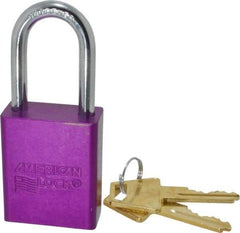 American Lock - Keyed Alike Conductive Lockout Padlock - 1-1/2" Shackle Clearance, 1/4" Shackle Diam, 1.8" Body Height x 1-1/2" Body Width, Purple, 5 Pins - Benchmark Tooling