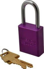 American Lock - Keyed Alike Conductive Lockout Padlock - 1-1/2" Shackle Clearance, 1/4" Shackle Diam, 1.8" Body Height x 1-1/2" Body Width, Purple, 5 Pins - Benchmark Tooling