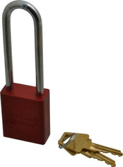 American Lock - Keyed Alike Conductive Lockout Padlock - 3" Shackle Clearance, 1/4" Shackle Diam, 1.8" Body Height x 1-1/2" Body Width, Red, 5 Pins - Benchmark Tooling