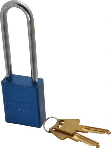 American Lock - Keyed Alike Conductive Lockout Padlock - 3" Shackle Clearance, 1/4" Shackle Diam, 1.8" Body Height x 1-1/2" Body Width, Blue, 5 Pins - Benchmark Tooling