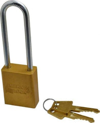 American Lock - Keyed Alike Conductive Lockout Padlock - 3" Shackle Clearance, 1/4" Shackle Diam, 1.8" Body Height x 1-1/2" Body Width, Yellow, 5 Pins - Benchmark Tooling