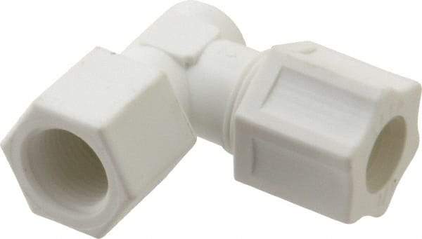 Made in USA - 1/2" Tube OD, Polypropylene Plastic Compression Tube Female Elbow - 3/8 NPT Pipe, 215°F Max, Plastic Grip - Benchmark Tooling
