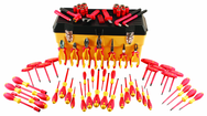 66 Piece - Insulated Tool Set with Pliers; Cutters; Nut Drivers; Screwdrivers; T Handles; Knife; Sockets & 3/8" Drive Ratchet w/Extension; Adjustable Wrench - Benchmark Tooling
