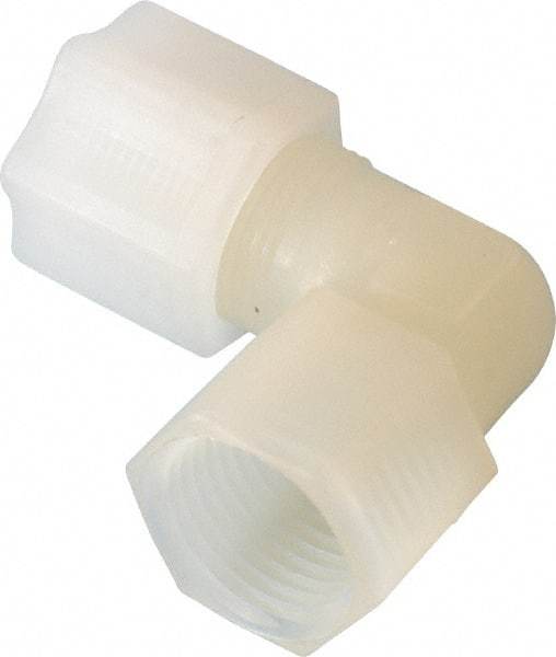 Made in USA - 1/2" Tube OD, Kynar Plastic Compression Tube Female Elbow - 1/2 NPT Pipe, 275°F Max, Plastic Grip - Benchmark Tooling