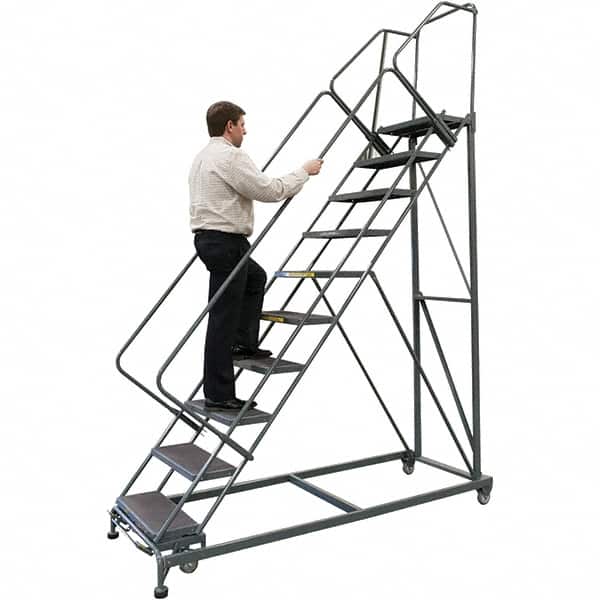 Ballymore - 153" 12 Step Stairway Slope Ladder - 50° Incline, 600 Lb Capacity, 120" Platform Height, 32" Base Width x 106" Base Depth, Heavy-Duty Serrated Grating - Benchmark Tooling