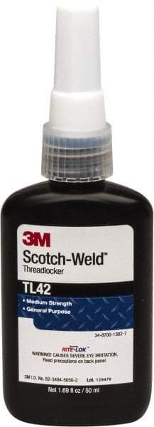 3M - 50 mL Bottle, Blue, Medium Strength Liquid Threadlocker - Series TL42, 24 hr Full Cure Time, Hand Tool Removal - Benchmark Tooling