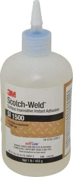 3M - 1 Lb Bottle Clear Instant Adhesive - Series SI1500, 5 to 60 sec Working Time, 24 hr Full Cure Time, Bonds to Cardboard, Ceramic, Fabric, Fiberglass, Foam, Glass, Leather, Metal, Paper, Plastic, Rubber, Vinyl & Wood - Benchmark Tooling