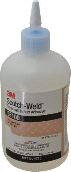 3M - 1 Lb Bottle Clear Instant Adhesive - Series SF100, 3 to 30 sec Working Time, 24 hr Full Cure Time, Bonds to Cardboard, Ceramic, Fabric, Fiberglass, Foam, Glass, Leather, Metal, Paper, Plastic, Rubber, Vinyl & Wood - Benchmark Tooling