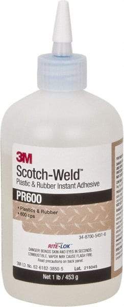 3M - 1 Lb Bottle Clear Instant Adhesive - Series PR600, 4 to 25 sec Working Time, 24 hr Full Cure Time, Bonds to Cardboard, Ceramic, Fabric, Fiberglass, Foam, Glass, Leather, Metal, Paper, Plastic, Rubber, Vinyl & Wood - Benchmark Tooling