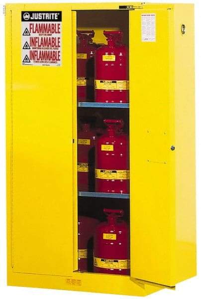 Justrite - 2 Door, 2 Shelf, Yellow Steel Standard Safety Cabinet for Flammable and Combustible Liquids - 65" High x 34" Wide x 34" Deep, Self Closing Door, 3 Point Key Lock, 60 Gal Capacity - Benchmark Tooling