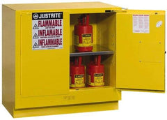 Justrite - 2 Door, 1 Shelf, Yellow Steel Under the Counter Safety Cabinet for Flammable and Combustible Liquids - 35" High x 35" Wide x 22" Deep, Self Closing Door, 22 Gal Capacity - Benchmark Tooling