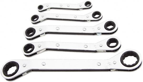 Lang - 5 Piece, 1/4 x 5/16 to 3/4 x 7/8", Ratcheting Box Wrench Set - Inch System of Measurement, Chrome Finish, Comes in Vinyl Roll - Benchmark Tooling