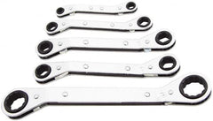 Lang - 5 Piece, 1/4 x 5/16 to 3/4 x 7/8", Ratcheting Box Wrench Set - Inch System of Measurement, Chrome Finish, Comes in Vinyl Roll - Benchmark Tooling