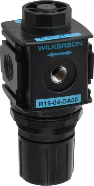 Wilkerson - 1/2 NPT Port, Zinc Common-P1 Regulator - 3 to 60 psi Range, 300 Max psi Supply Pressure, 1/4" Gauge Port Thread, 2.36" Wide x 5.4" High - Benchmark Tooling