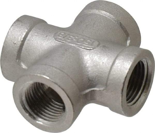 Merit Brass - 3/8" Grade 304 Stainless Steel Pipe Cross - FNPT End Connections, 150 psi - Benchmark Tooling