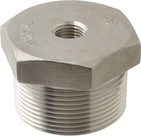 Merit Brass - 1-1/2 x 1/4" Grade 304 Stainless Steel Pipe Hex Bushing - MNPT x FNPT End Connections, 150 psi - Benchmark Tooling