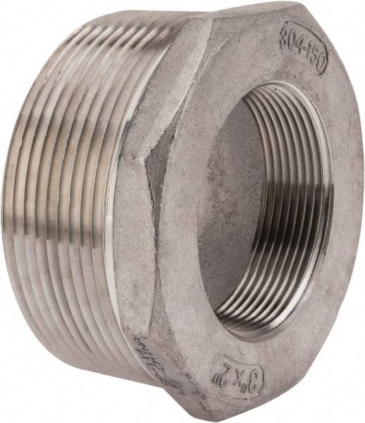 Merit Brass - 3 x 2" Grade 304 Stainless Steel Pipe Hex Bushing - MNPT x FNPT End Connections, 150 psi - Benchmark Tooling