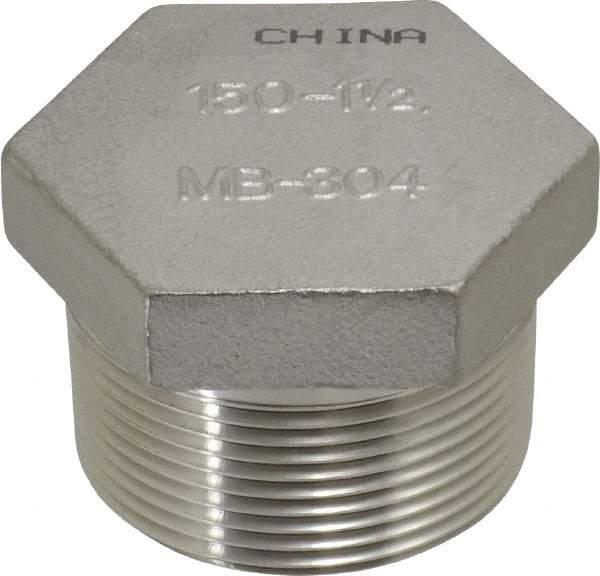 Merit Brass - 1-1/2" Grade 304 Stainless Steel Pipe Hex Head Plug - MNPT End Connections, 150 psi - Benchmark Tooling