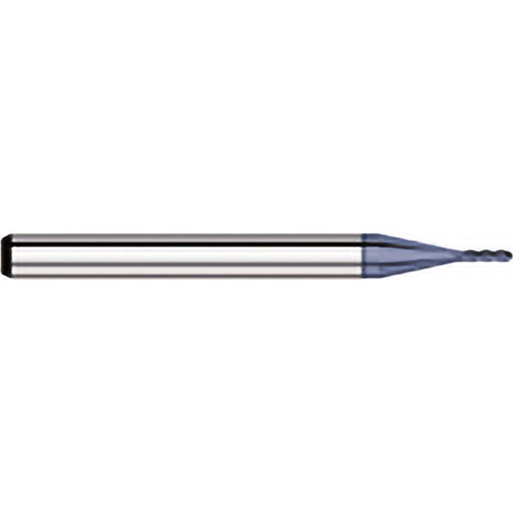 Ball End Mill: 0.062″ Dia, 0.186″ LOC, 4 Flute, Solid Carbide 1-1/2″ OAL, 1/8″ Shank Dia, 30 ° Helix, AlTiN Coated, Single End