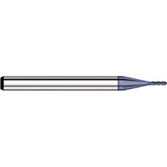 Ball End Mill: 0.062″ Dia, 0.186″ LOC, 4 Flute, Solid Carbide 1-1/2″ OAL, 1/8″ Shank Dia, 30 ° Helix, AlTiN Coated, Single End