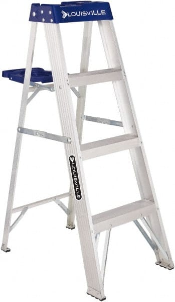 Louisville - 3 Steps, 4' High, Type I Rating, Aluminum Step Ladder - Benchmark Tooling