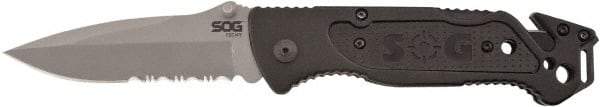 SOG Specialty Knives - 3-13/32" Blade, 8.2" OAL, Partially Serrated Clip Point Folding Knife - 4.8" Closed Length, Plastic, 1 Blade, 1 Edge - Benchmark Tooling