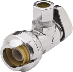 SharkBite - 1/2 & 1/4" Pipe, 200 psi WOG Rating, Brass Angle Stop Valve - Chrome Finished Handle, Push Fit End Connections, For Potable Water Applications - Benchmark Tooling