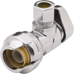 SharkBite - 1/2 & 3/8" Pipe, 200 psi WOG Rating, Brass Angle Stop Valve - Chrome Finished Handle, Push Fit End Connections, For Potable Water Applications - Benchmark Tooling