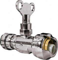 SharkBite - 1/2 & 3/8" Pipe, 200 psi WOG Rating, Brass Stop Valve - Loose Key Handle, Push Fit End Connections, For Potable Water Applications - Benchmark Tooling