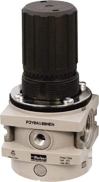 Parker - 1 NPT Port, 550 CFM, Aluminum Hi-Flow Regulator - 0 to 174 psi Range, 254 Max psi Supply Pressure, 1/4" Gauge Port Thread, 3-1/2" Wide x 7.2" High - Benchmark Tooling