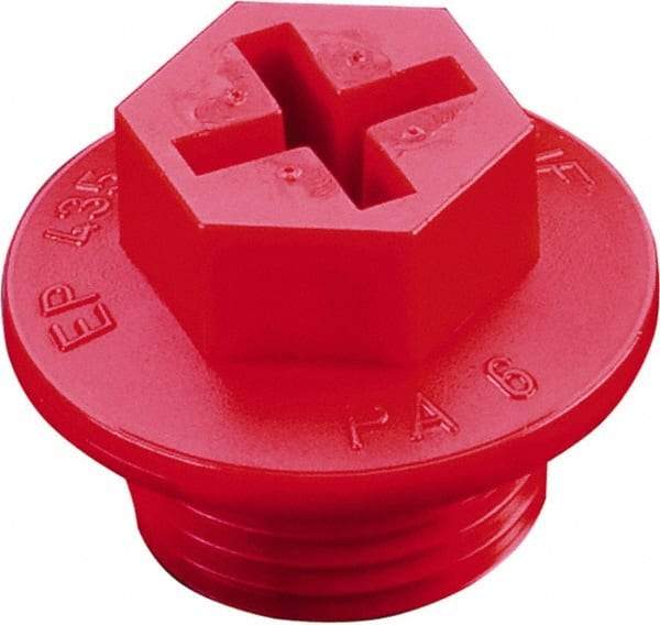 Caplugs - Hex Head with Slot, Threaded Plug - 1.02" OD, 29/32" Long, High-Density Polyethylene, Red - Benchmark Tooling