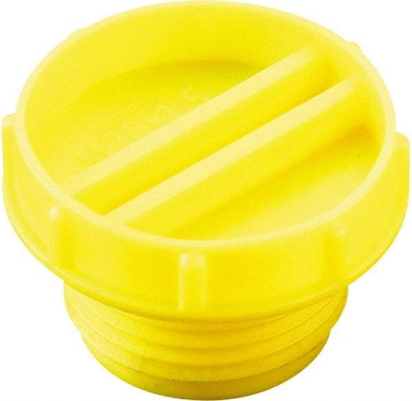 Caplugs - Serrated Round Head with Slot, Threaded Plug - 21.08mm OD, Low-Density Polyethylene, Yellow - Benchmark Tooling