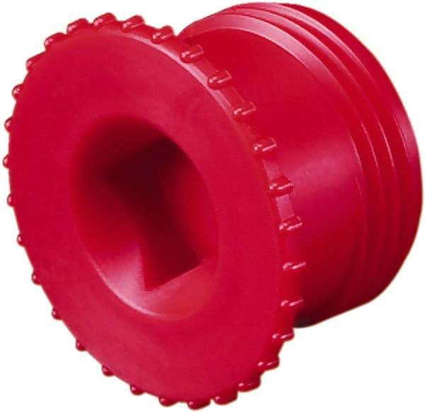 Caplugs - Serrated Round Head, Square Drive, Threaded Plug - 1.56" OD, 31/32" Long, Polypropylene, Red - Benchmark Tooling