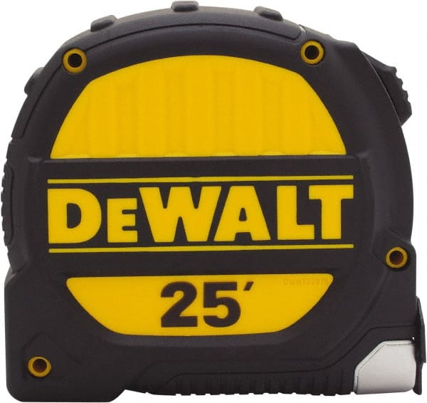 Tape Measure: 25' Long, 1-1/4″ Width, Yellow Blade 1/16″ Graduation, Inch Graduation, Black & Yellow Case