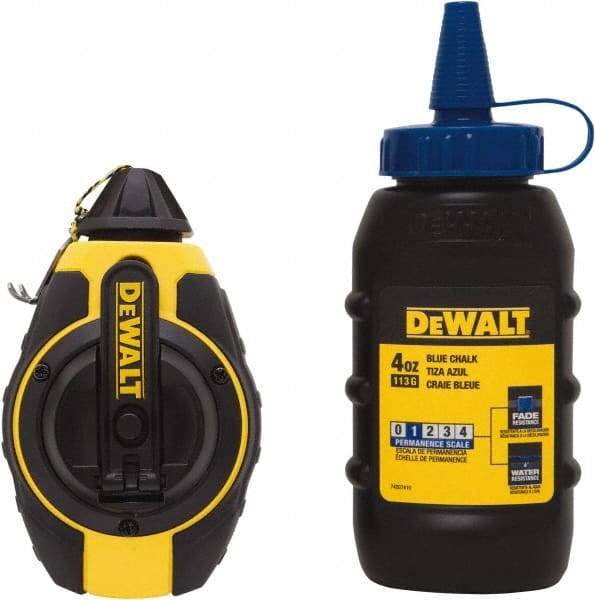 DeWALT - 100' Long Reel & Chalk Set - Yellow & Black, Includes 4 oz Blue Chalk - Benchmark Tooling