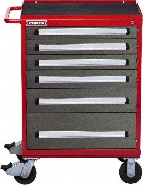 Proto - 6 Drawer Steel Tool Roller Cabinet - 30" Wide x 42-1/2" High x 21-3/8" Deep, Ball Bearing Drawer Slides, Safety Red/Gray - Benchmark Tooling