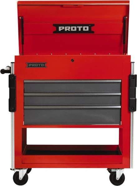 Proto - 3 Drawer Steel Tool Roller Cabinet - 37" Wide x 43" High x 20" Deep, Ball Bearing Drawer Slides, Safety Red/Gray - Benchmark Tooling