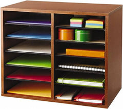 Safco - 19-1/2" Wide x 16" High x 12" Deep Fiberboard, Hardboard & Laminated Compressed Wood Document Organizer - 12 Compartments, Cherry, 9" Wide x 2-3/8" High x 11-1/2" Deep Compartment - Benchmark Tooling