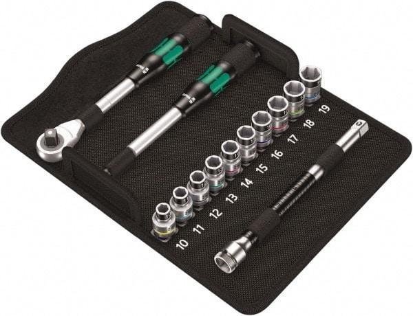 Wera - 13 Piece 1/2" Drive Thin Wall Standard Socket Set - 6 Points, 10 to 19mm, Metric Measurement Standard - Benchmark Tooling