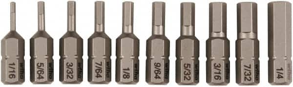 Wiha - 10 Piece, 1/4" Drive Screwdriver Insert Bit Set - 1/16 to 1/4" Hex - Benchmark Tooling