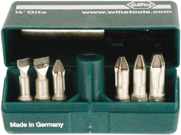 Wiha - 7 Piece, 1/4" Drive Screwdriver Insert Bit Set - #1 to #3 Phillips, 5.5 & 6.5mm Slotted - Benchmark Tooling